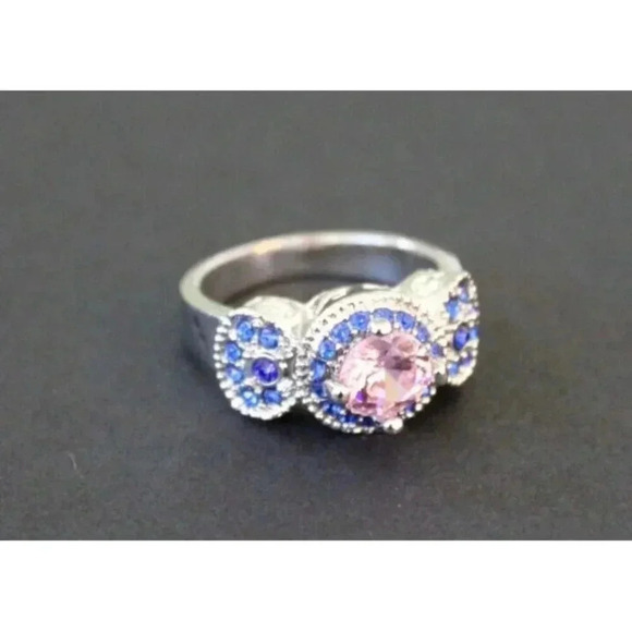 Vintage Art Nouveau Gaudy Victorian Cocktail Blue Pink Gemstone Ring Sz 8 - Picture 1 of 3